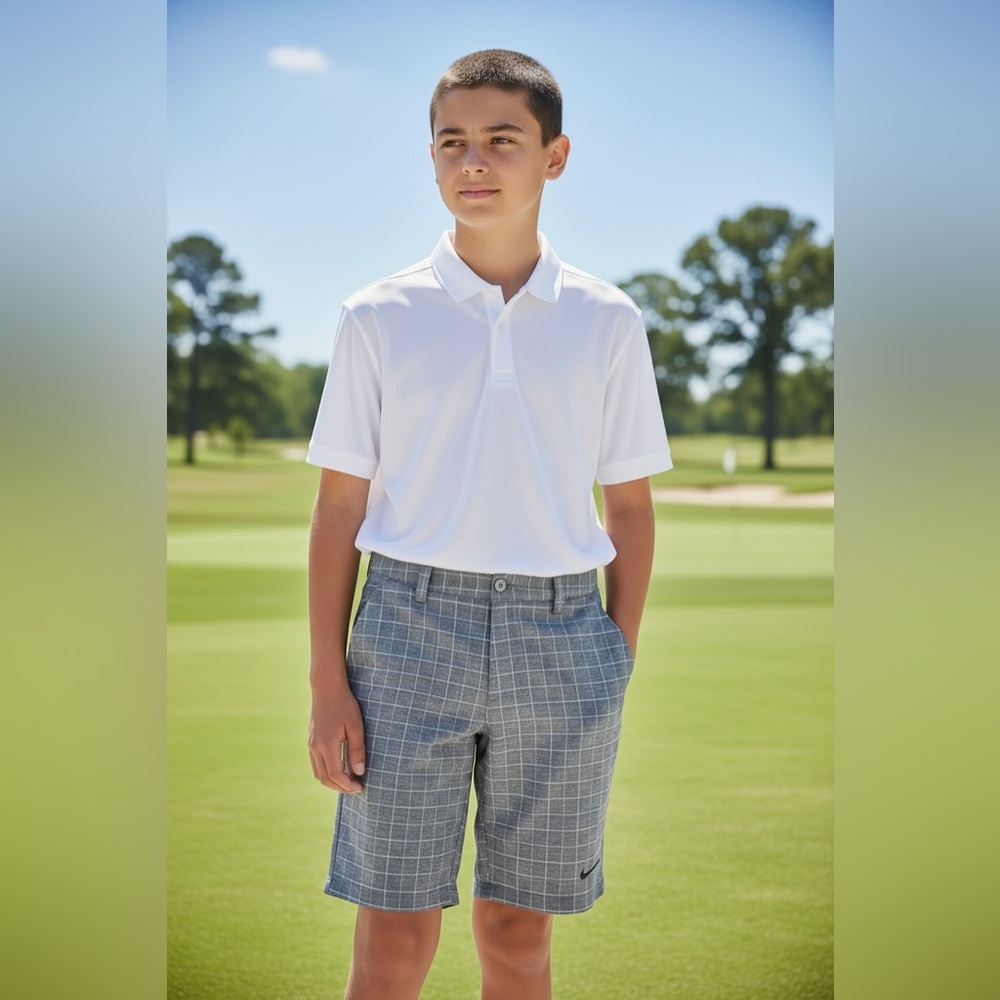 Nike Golf Boys Dri-Fit Grey/Blue Checked Athletic Shorts Size Small